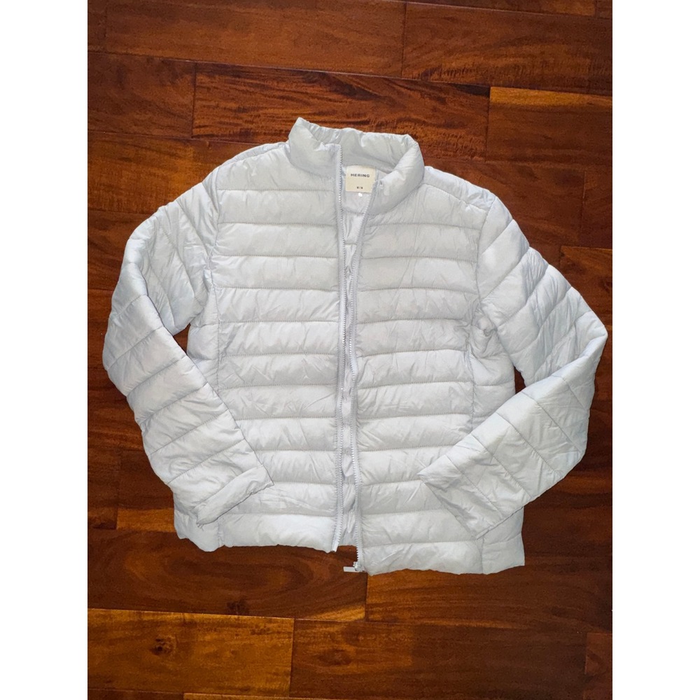 Hering Puffer Jacket Womens Size Medium Light Grey Excellent Quilted Mock Neck